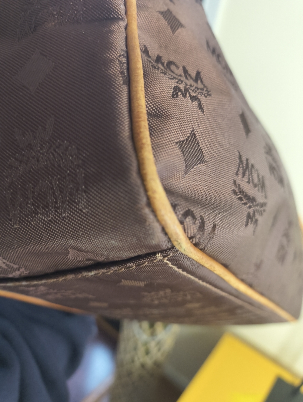 MCM Brown Logo Canvas Shoulder Tote with Gold Chain Handles - Picture 14 of 15